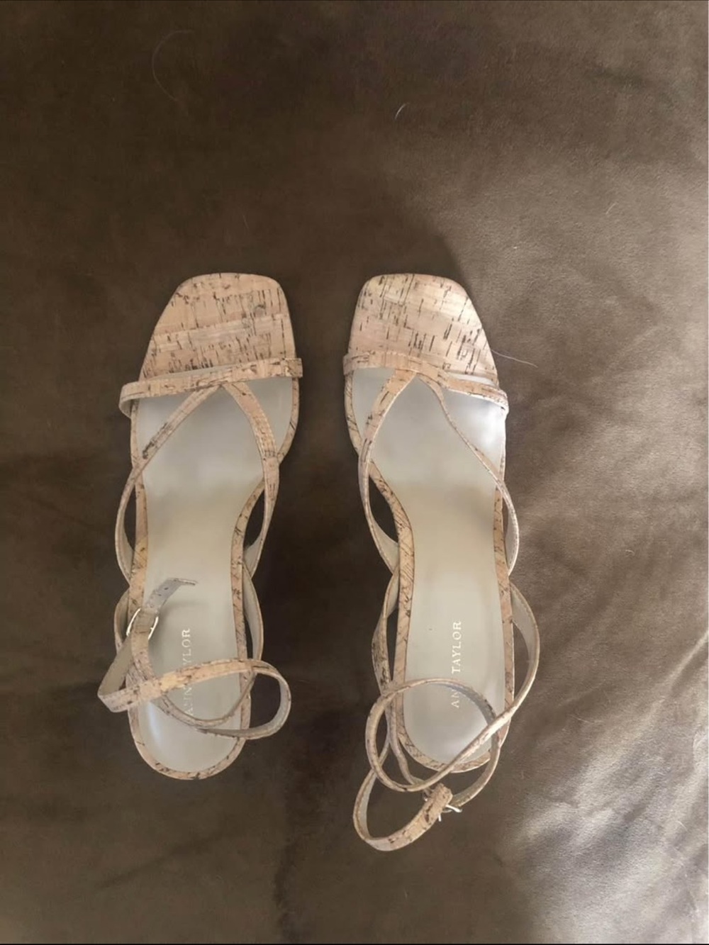 Ann Taylor Strappy Cork-Print Square-Toe Heels in Natural